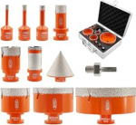 BGTEC teemantpuuride komplekt - 11 t&uuml;kki (6/8/10/20/20/35/50/68/100 mm + 25 mm freespuur + 50 mm s&uuml;vistatud puur + adapter) M14 keermega portselan, keraamika, plaatide puurimiseks.