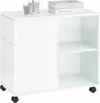 SoBuy Mobiilne ratastega hoiukapp, 3 sahtlit ja 2 l&uuml;kandklaasi uksega k&uuml;ljelaud, kaasaegne &ouml;&ouml;kapp, k&uuml;ljelaud elutuppa ja magamistuppa, valge, 70 x 35 x 61 cm, FBT141-W