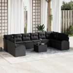 10-teiliges Gartensofa-Set mit Kissen in Schwarz aus Poly-Rattan - Gartenm&ouml;bel-Set 10 St&uuml;ck f&uuml;r Outdoor-Bereich als komfortable Sofa-Garnitur