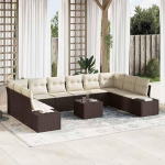 Modulares Gartensofa-Set Braun Creme 10-teilig aus Polyrattan mit Kissen, wasserabweisender Tasche und Akazienholz Ecksofa f&uuml;r Garten und Terrasse