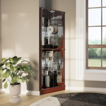 Belleze Curio Cabinet with Tempered Glass Lighting with Shelves, 2 Colours (Cherry and Walnut) Woody Curio Cabinet Walnut