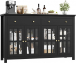 FirFurd Sideboard 140 cm lai k&ouml;&ouml;gikapp koos t&ouml;&ouml;tasapinnaga Sideboard elutoa k&ouml;&ouml;gibuffet kapp 2 sahtliga 4 klaasuksega k&ouml;&ouml;gibuffet reguleeritavate riiulitega 140 x 40 x 91 cm mustana