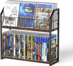 TJ.MOREE DVD-Regal mit 2 Ebenen, 56 Kapazit&auml;ten, Aufbewahrung und Vinyl-Schallplatten-Aufbewahrung, industrieller Retro-Karbonstahl/Holz, platzsparender Schreibtisch-Organizer