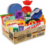 Ostpaket Kultprodukte Small koos 12 DDR-i t&uuml;&uuml;pilise tootega Kingitusidee eripakett Intershop East Products kinkekomplektiga