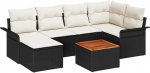 7-teiliges Garten Sofa Set mit Kissen Schwarz Poly Rattan Akazie, 2-Sitzer Garten Sofa mit Stauraum & Kissen Schwarz Poly Rattan Gartenlounge Model3356017