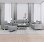 Hellgrauer Stoff-Sofa-Set mit 1 Sessel, 2- & 3-Sitzer, Fu&szlig;hocker & Kissen | Komfortables Wohnzimmerm&ouml;bel | Polyestergewebe & Schaumstofff&uuml;llung Model3202078