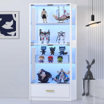 Klaasvitriin RGB LED-ga elutuppa - 4 riiulit + sahtlid ja magnetuksed | Turvaline karastatud klaas | reguleeritava k&otilde;rgusega klaasvitriin koos valgustusega kollektsioonidele (valge)