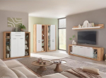 Modern Living Room Set with Highboard, Lowboard, Wall Shelf & 2 Cabinets in Oak with White, 5 Pieces