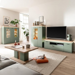 Lomadox Living Room Set with TV Cabinet & Highboard with LED Accent & Interior Lighting, Green with Oak Modern 4 Pieces -