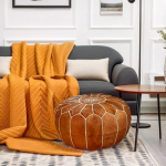 KESHMARK Luxury Handmade Moroccan Leather Stool - Boho Chic Ottoman Seat & Footstool for Living Room Decor - Footrest - Round Genuine Leather Ottoman (Light Brown, Filled)