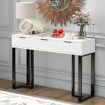 KAZZIO kaasaegne konsoollaud sahtlitega, kuldne raam, reguleeritavad jalapadjad ja elegantsed k&auml;epidemed (valge+must)