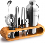 Mixology & Craft Cocktail Set (10 Pieces) &ndash; Elegant Cocktail Shaker Set with Shaker Made of Stainless Steel and Bar Accessories in Wooden Bamboo Stand &ndash; Decorative Gift Set &ndash; Silver