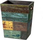Small Wooden Waste Paper Bin Farmhouse Decorative Trash Can Rustic Distressed Waste Bin Boho Wood Trash Can Recycling Basket with Metal Handles Recycled Wood Storage Basket