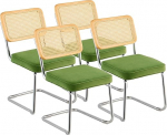 VEVOR Rattan Chairs, Set of 4, Modern Dining Chairs, Padded Velvet Accent Chair with Rattan Backrest, Retro Dining Kitchen Chair for Living Room, Bedroom, Reading Room, Green