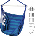Goutime Swing Chair Suur Hammock Tool Pehme puuvillane 2 istmepadjad padjad padjad koos kandekott Indoor / Outdoor / magamistuba Patio Garden Balcony, 150 kg (Triibud sinine)