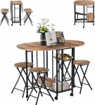 GOKHOMX Dining Table with 4 Chairs, Small Kitchen Table Foldable Small Space with 4 Folding Chairs with Storage for Restaurant Patio Balcony Garden (Rustic Brown)