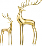 Sziqiqi Reindeer Figure Statues Deluxe Set of 2, Christmas Deer Pure Copper Heavy Reindeer Ornaments for Home Decor Accents Living Room Office Book Table Top Mantle Christmas Decoration, Gold