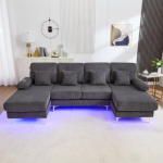 Soweiz kaasaegne U-sohva LED-&uuml;mbrusvalgustusega ja USB-C pesaga, t&auml;ispuidust raam, 4 luksuspatja ja ergonoomiline seljatugi, 265 x 135 x 88 cm (hall)