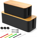 Kaabel Tidy Box, 2 kaablijuhtimiskarbi komplekt kaabli- ja kaablijuhtimiseks, kaabliorganisaatorid bambusest kaanega segaste kaablite varjamiseks, juhtmete haldamine - must