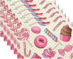 Kangast laudlinad, pestavad laudlinad s&ouml;&ouml;gilauale, komplekt 6, magustoidukook, kommid Donut, roosa imearmas