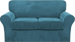 Pakett 3 diivanikatet Sametist diivanikatted 2 padjaga diivanile Stretch Loveseat Slipcover koos individuaalsete istmepatjade katetega Elastne m&ouml;&ouml;bli kaitsja lemmikloomadele, masinpesu (Loveseat, Peacock Blue)
