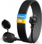 Pikenduskaabel 5 m v&auml;ljas Kummist pikendus Schuko pistikuga v&auml;litingimustes IP44 kaabli pikendus H05RR-F 3G 1,5 mm&sup2; 3500 W Elektrikaabel v&auml;ljas kaitsekorgiga Must