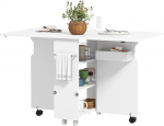 HOMCOM kokkupandav laud 3-kihiliste riiulitega, hoiukasti ja ratastega, MDF kokkupandav laud, 130 x 80 x 76,5 cm, valge
