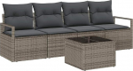 5-teiliges Garten Sofa Set mit Kissen Grau Poly Rattan, 2-Sitzer Garten Sofa mit Stauraum und Kissen Grau Poly Rattan Gartenlounge Model3354918