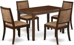 East West Furniture YAX25-AWA-28 5-osaline s&ouml;&ouml;gilaudade komplekt koosneb antiikp&auml;hklipuust lauast ja 4st virnastatavast toolist, mis on kaetud pruuni tekstuurse pol&uuml;esterkangaga - antiikp&auml;hkelpuu