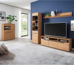 Lomadox Wohnm&ouml;bel Set Eiche teilmassiv modern 4-teilig, 1 Highboard, 1 Vitrine, 1 Wandboard, 1 Lowboard, LED-Beleuchtung - Massivholz/Echtholz/Furniert