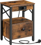 HOOBRO EBF128CBZ01G1 Bedside Table with Charging Station, Side Table with Folding Drawer, Bedside Cabinet with USB Ports and Socket, Bedside Table for Bedroom, Vintage Brown/Black