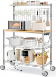 Leteuke Baker's Rack with Socket & Storage, NSF Certified Microwave Stand Kitchen Trolley, 4-Tier Metal Rack with Wheels & 20 S-Hooks for Kitchen Pots, Appliances, 63 x 18 x 36 inches, Chrome