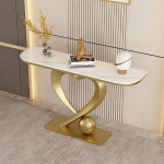 Schmaler Halbmond-Eingangstisch mit Schieferplatte und Metallsockel f&uuml;r Flur, Wohnzimmer oder Haust&uuml;r, Dekoration als Konsole v&otilde;i Akzenttisch mit Organizer-Regal