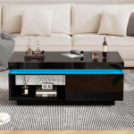 Moodne k&otilde;rgl&auml;ikega kohvilaud LED-valgustusega, 100 x 50 x 40,3 cm, elegantne laud sahtliga ja 50 kg kandev&otilde;imega