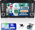 2 + 64 GB: Android 13 Carplay autoraadio koos satelliitnavigatsiooniga Audi A3 8P/8P1 S3 RS3 Sportback, 7-tolline puuteekraaniga autoraadio koos GPS Android Auto FM/RDS EQ Bluetooth SWC USB + AHD tagantvaate kaamera ja mikrofoniga
