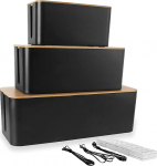 ASelected 3 kaablikarbi komplekt, must, suur kaablikorralduskarp puidust kaanega kaablite jaoks, suur ja v&auml;ike kaablikorralduskarbi adapter, toiteallikad, kaablite peidikarp