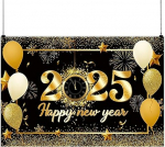 2025 Happy New Year Dekorationen Banner Schwarz Gold Konfetti Happy New Year Hintergrund Neujahr Dekoratsioonide 2025 Silvester Party Supplies (120 x 80 cm)