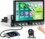 Hodozzy Android 15 Autoradio 1 DIN 7-tollise sisekraaniga koos juhtmevaba Carplay Android autoga, autoraadio Bluetooth 5.0 DSP/WiFi/GPS/RDS/FM/Bluetooth 5.0/USB Type-C + tagurduskaameraga