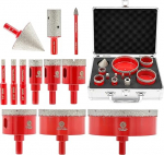 FOCSTOL Diamond Tile Drill Bit Set - 13 Pieces (6/8/10/20/25/35/50/68/100 mm + 20 mm Finger Mill + 50 mm Chamfer Drill + 6 mm Carbide Drill) Diamond Hole Saw Set for Porcelain Ceramic Tiles Marble