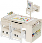 Clevich laste laud koos 2 tooliga, puidust laua-tooli komplekt, laste istumiskomplekt koos hoiuruumiga, maalimislaud koos paberirulliga, maalimis- ja meisterdamislaud alates 3-aastastele (kollane)