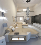 Wohnlandschaft Presto nahast diivan, U-kujuline diivan LED-valgustusega, reguleeritavad peatuged, Chaise Longue / nahav&auml;rvide valik / orientatsioon valitav (Ottomani vasakpoolne, liivapunane/valge)