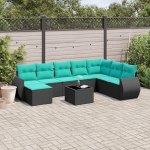 PE Rattan Gartensofa Set 9-teilig: 9-teiliges Gartensofa-Set mit Kissen in schwarzem Polyrattan, Gartenm&ouml;bel Set und Sofagarnitur f&uuml;r Terrasse