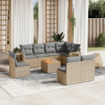 9-TLG. Garten-Sofagarnitur mit Kissen Beige Poly Rattan, Garten Sofa Set aus PE Rattan als Gartenm&ouml;bel mit praktischer Ablage