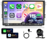 VECHTEL 4G + 64G autoraadio Android 15 VW Golf 5 6 Passat Jetta Caddy EOS T5 Tiguan Touran CC Polo, 9-tolline IPS HD puuteekraan juhtmevaba Carplay Android Auto Bluetooth GPS WiFi USB/TYP-C FM RDSiga