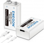 ENEGON 9 V plokk 650 mAh Li-ion 6F22 laetav aku koos 2-in-1 USB-C kaabli laadijaga mikrofonile, suitsuandurile, elektroonilisele m&auml;nguasjale, Walkie Talkie'le ja muudele seadmetele (2 tk).