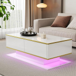 Merax LED kohvilaud k&otilde;rgl&auml;ikega, kuldne dekoratsioon, kaasaegne elutoa laud 100 x 50 x 40 cm, diivanilaud 3 sahtliga ja USB LED-valgusega, kohvilaud, k&uuml;ljelaud, valge