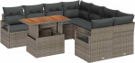 9-teiliges Garten-Sofa-Set mit Kissen Grau Poly Rattan Akazie, 2-Sitzer Garten-Sofa mit Kissen Grau Poly Rattan Gartenlounge Model3349691
