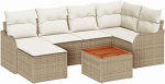 7-teiliges Garten Sofa Set mit Kissen Beige Poly Rattan Akazie, 2-Sitzer Garten Sofa mit Stauraum & Kissen Beige Poly Rattan Gartenlounge Model3356146
