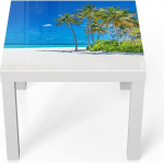 DEQORI klaasist laud | Valge v&auml;ike 55 x 55 cm | Palm Beach Panorama motiiv | Ebatavaline klaasist k&uuml;ljelaud | K&otilde;rgl&auml;ikega kohvilaud elutuppa | Moodne disainiga diivanilaud