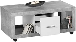 Kivist moodne ratastel kohvilaud betoonist, valge, mobiilne diivanilaud koos hoiukappide ja sahtlitega elutuppa, 115 x 50 x 60 cm (B x K x S)